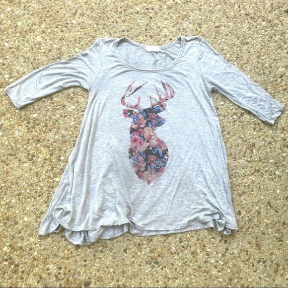 Altar’d State Gray Floral Deer Loose Tunic Top M - Picture 2 of 11